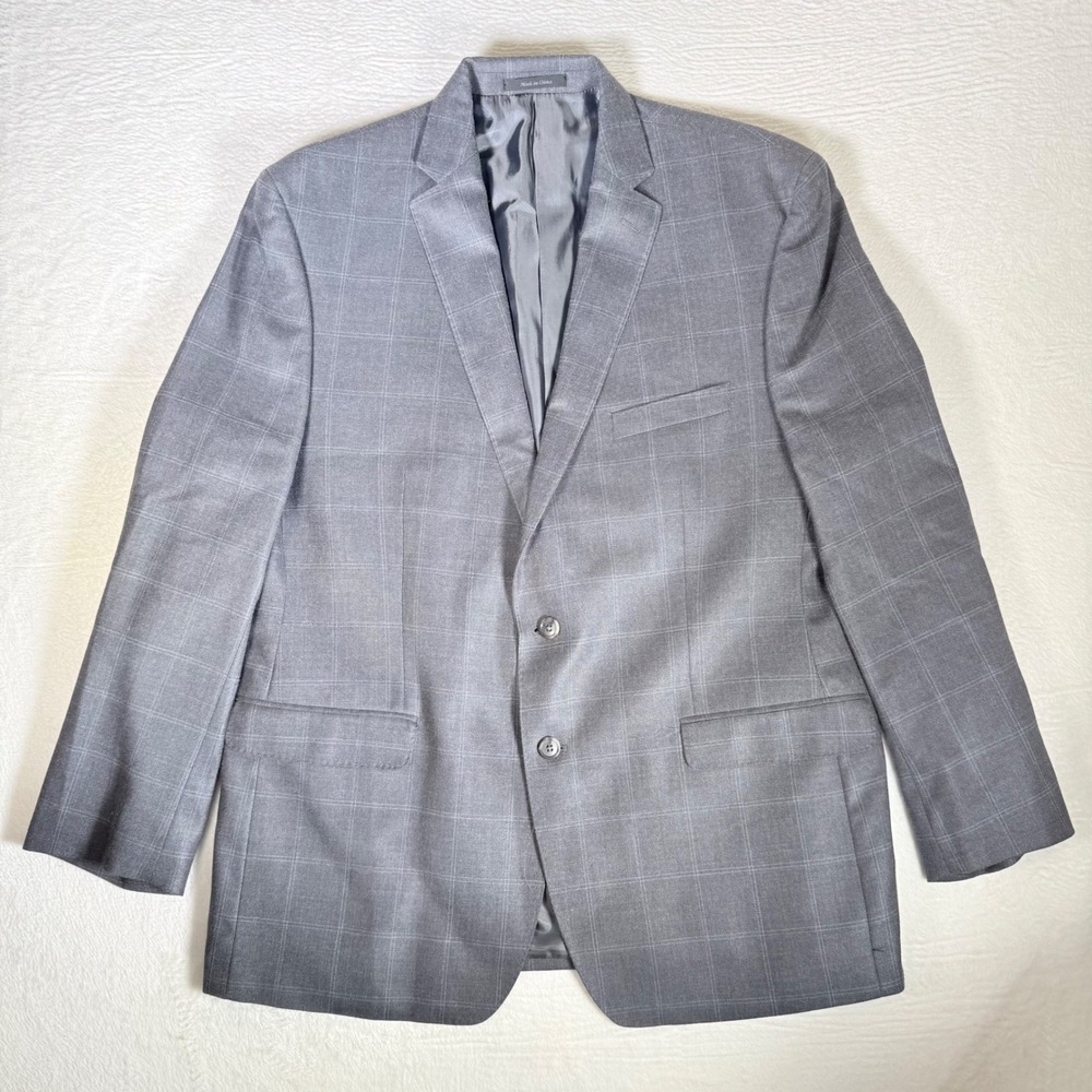 Calvin Klien Mens Grey Windowpane Plaid Suit Jacket Sport Coat Sz 45R Silk/Wool